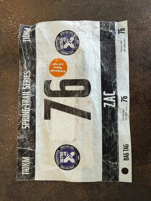 Zac's Ultra X race bib: number 76, 110 km, Spring Trail Series