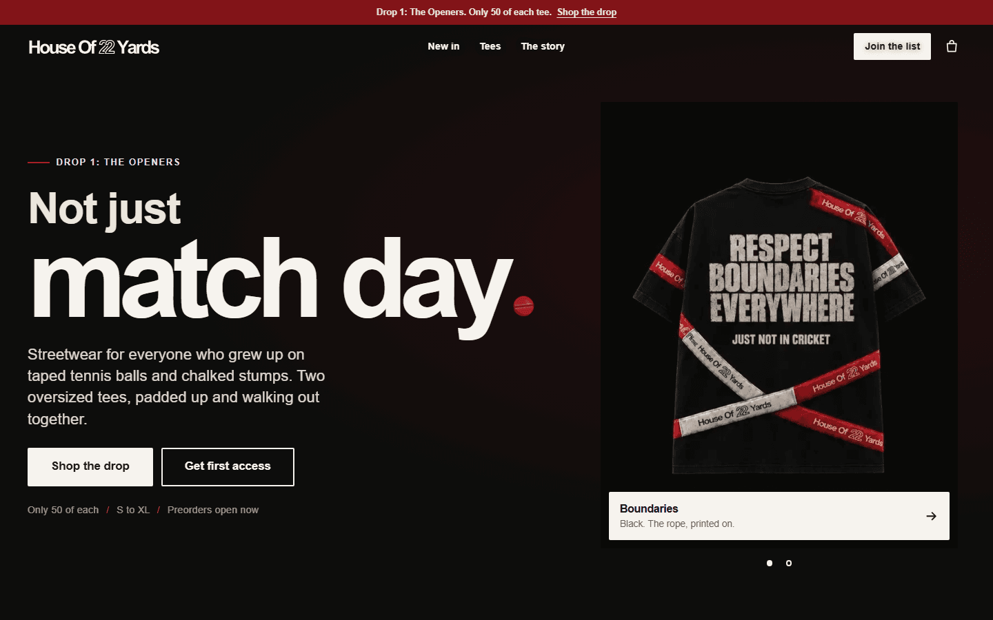 Home page of houseof22yards.com showing the first drop