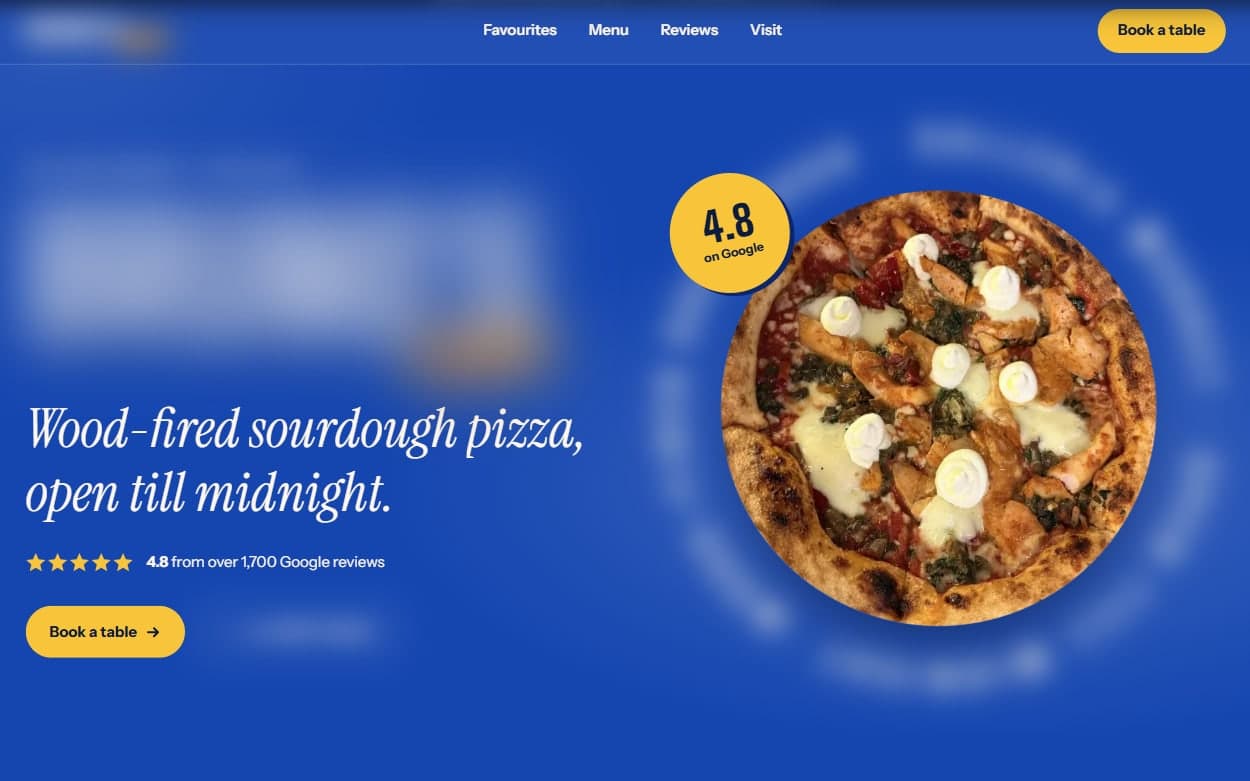 A bespoke preview website for a pizzeria, designed by Z Hub's AI agent, with the business name and details blurred