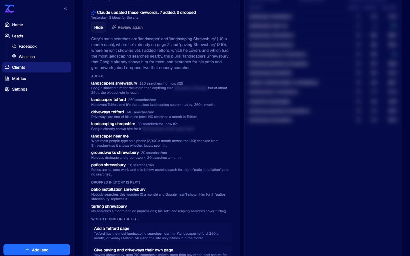 Claude's keyword review for a client in Z Hub, explaining in plain English which searches it added and dropped and what to change on the site